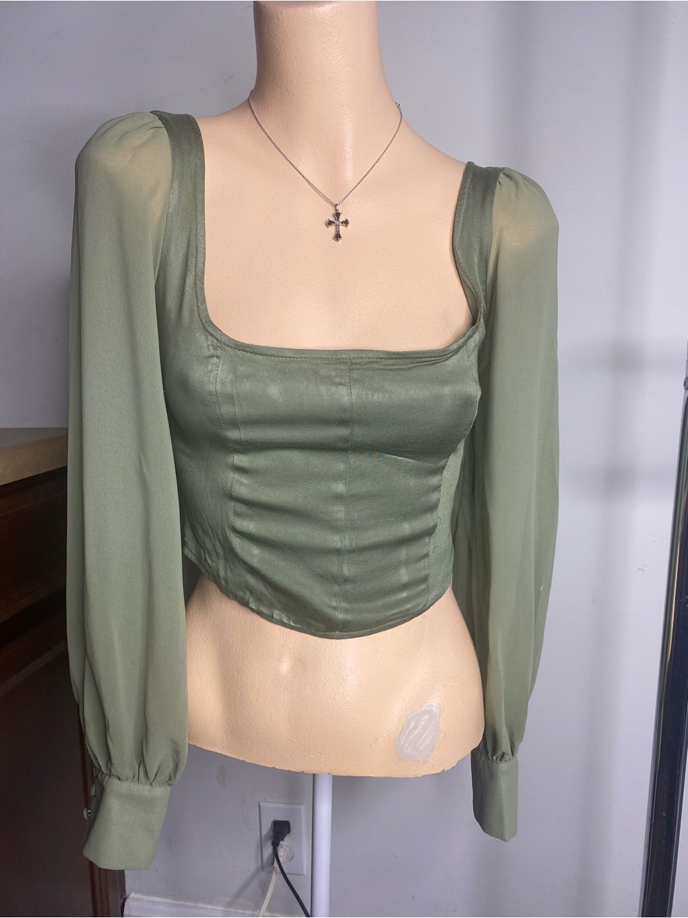 Urban Outfitters Olive Green Square Neck Puff Sleeve Crop Top